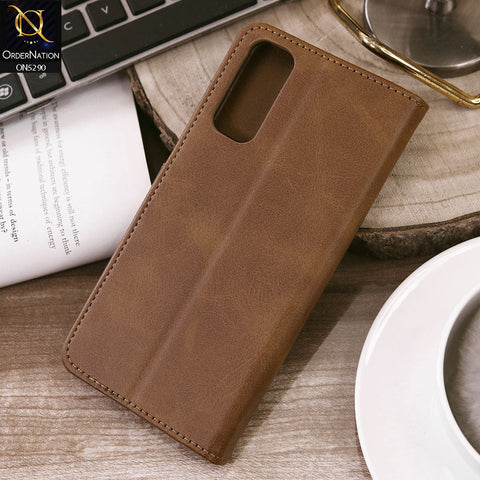 Vivo Y12s Cover - Light Brown - Premium Business Series Magnetic Leather Wallet Flip book Card Slots Soft Case