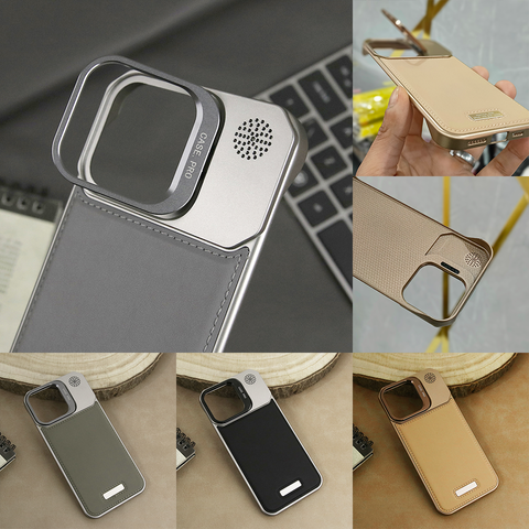 iPhone 16 Pro Max Cover - Desert Titanium - Luxury Rimless Aluminum Metal Leather Back With Camera Stand Case