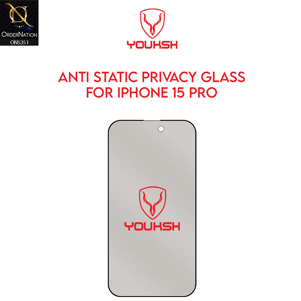 IPhone 15 Pro Screen Protector - Black - Youksh Privacy Anti Static Glass Screen Protector