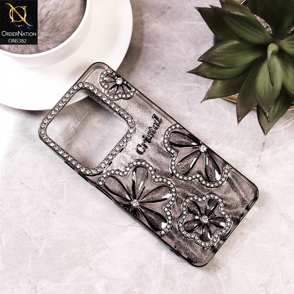 Tecno Spark 20 - Black -  Elegant Crystal Rhinestones Flower Dual Tone Glitter Shine Case (Glitter Does not Move)