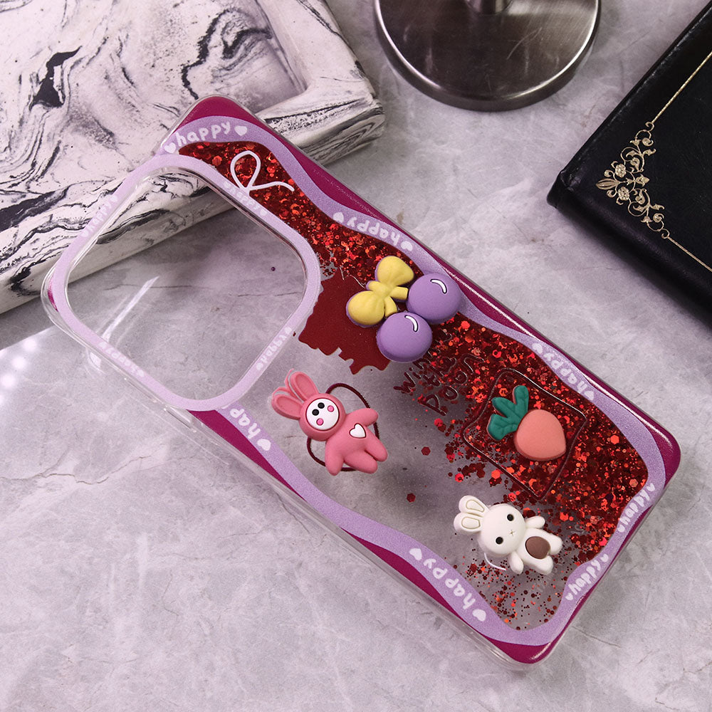 Itel P55 4G Cover - Design8 - Cute 3D Cartoon (Moving Glitters) Transparent Soft Case