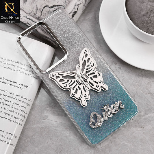 Infinix Hot 50 4G Cover - Blue - Trendy Queen Dual Tone Gradient Gliter Shiny Soft Case With Butterfly Kickstand Holder (Gliter Does Not Move)