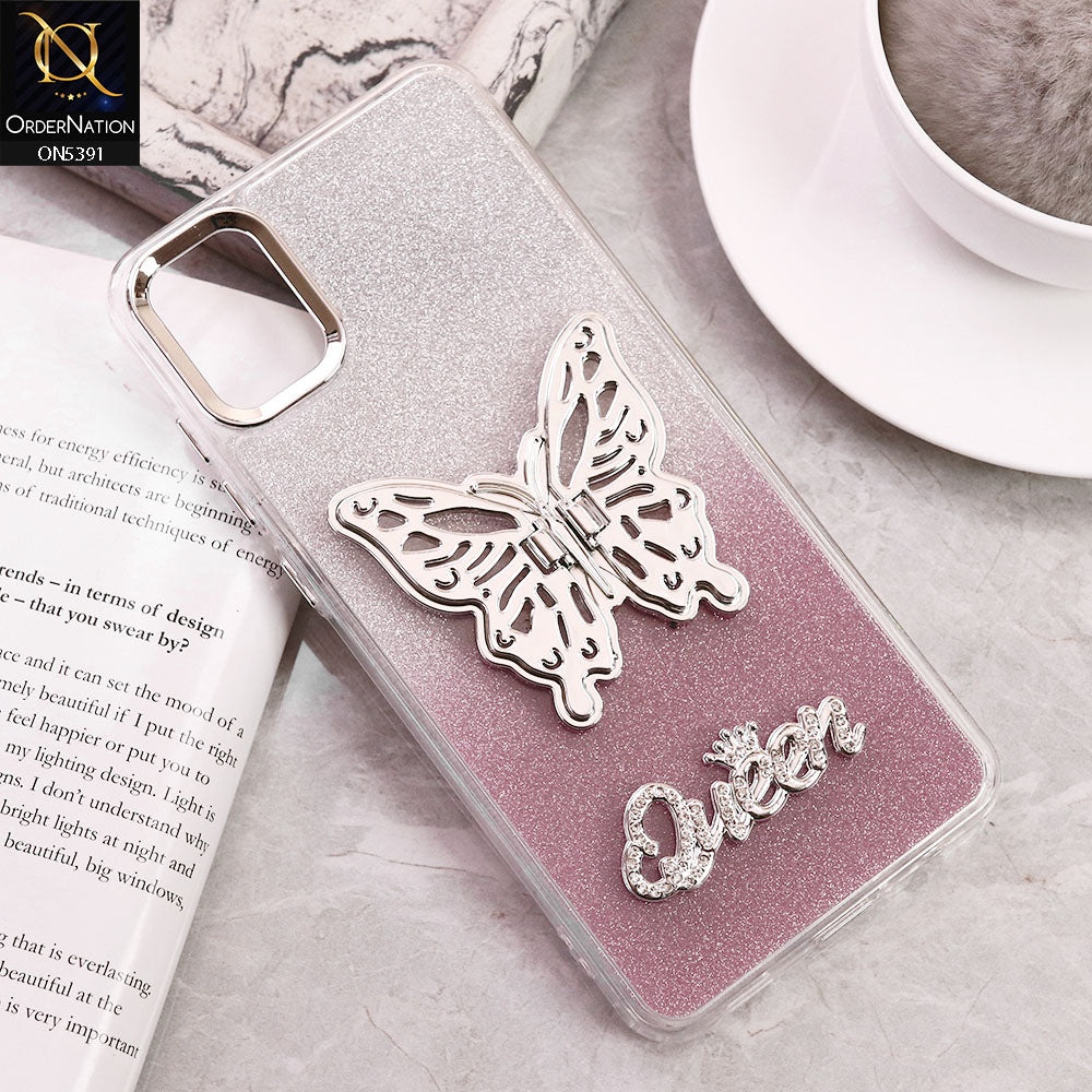 Samsung Galaxy A05 Cover - Pink - Trendy Queen Dual Tone Gradient Gliter Shiny Soft Case With Butterfly Kickstand Holder (Gliter Does Not Move)