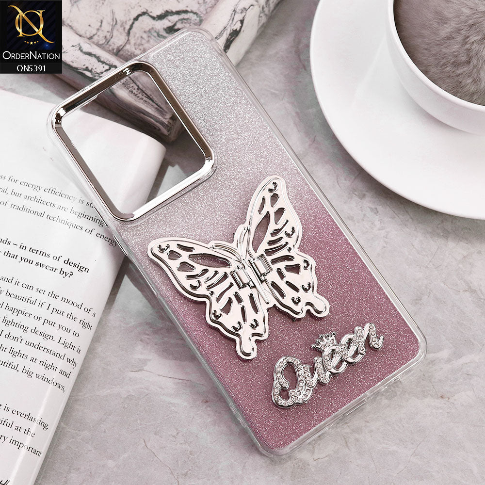 Itel P55 4G Cover - Pink - Trendy Queen Dual Tone Gradient Gliter Shiny Soft Case With Butterfly Kickstand Holder (Gliter Does Not Move)