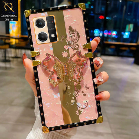 Oppo Reno 7 4G Cover - Pink -  Luxury Shiny Rhinestone Butterfly Electroplated Square Trunk Soft Case