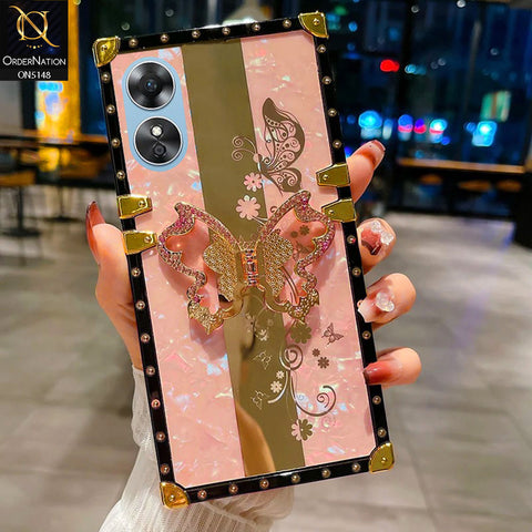 Oppo A17 Cover - Pink -  Luxury Shiny Rhinestone Butterfly Electroplated Square Trunk Soft Case