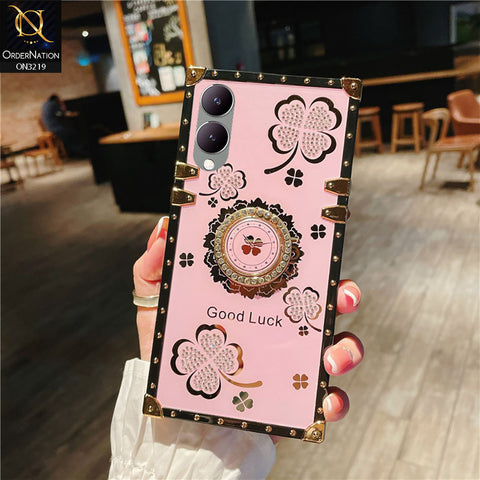 Vivo Y28 5G Cover - Pink - Square Bling Diamond Glitter Soft TPU Trunk Case with Ring Holder