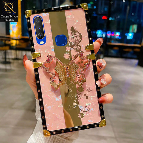 Vivo Y12 Cover - Pink -  Luxury Shiny Rhinestone Butterfly Electroplated Square Trunk Soft Case