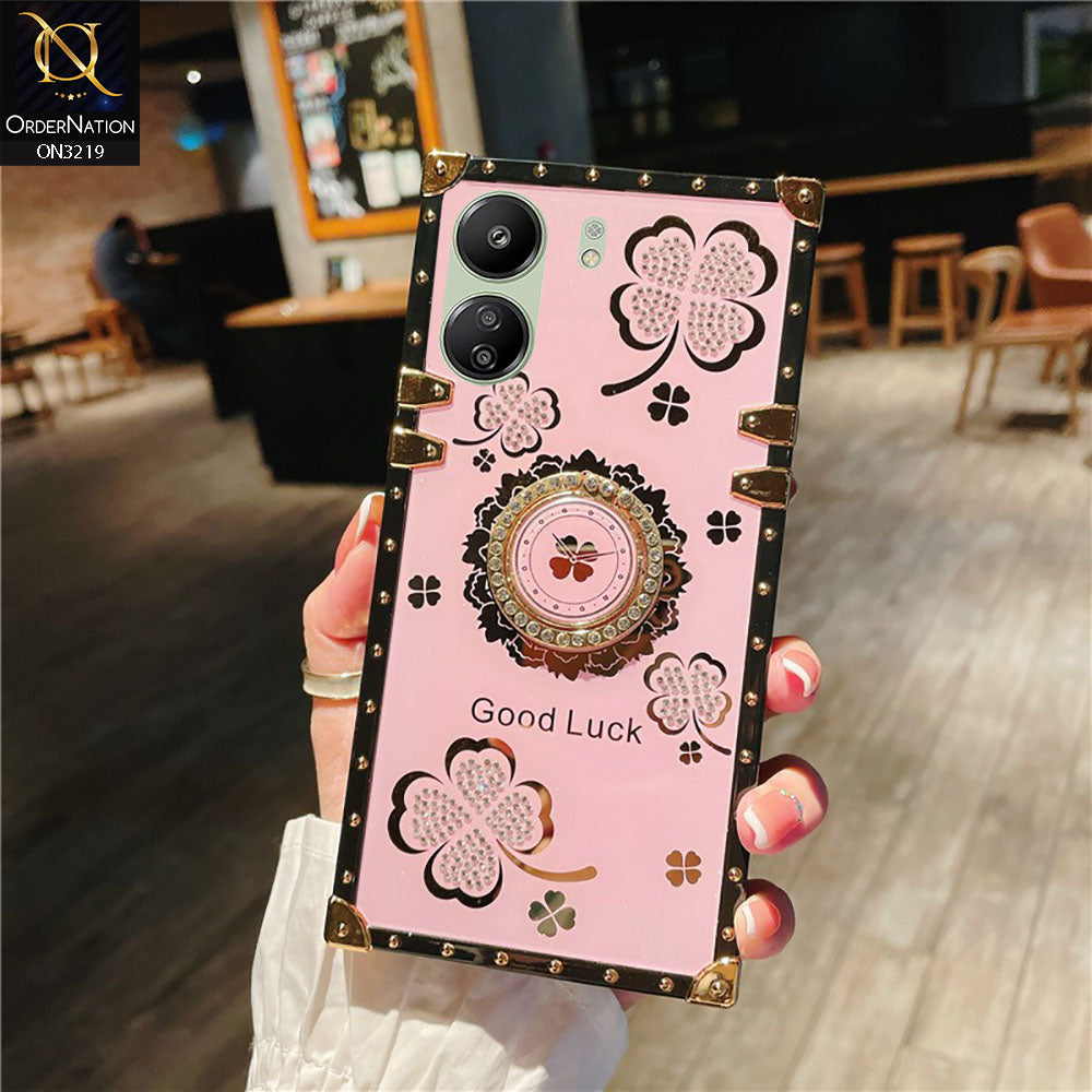 Xiaomi Redmi 13C Cover - Pink - Square Bling Diamond Glitter Soft TPU Trunk Case with Ring Holder