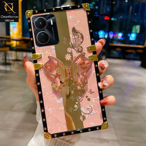 Vivo Y16 Cover - Pink -  Luxury Shiny Rhinestone Butterfly Electroplated Square Trunk Soft Case