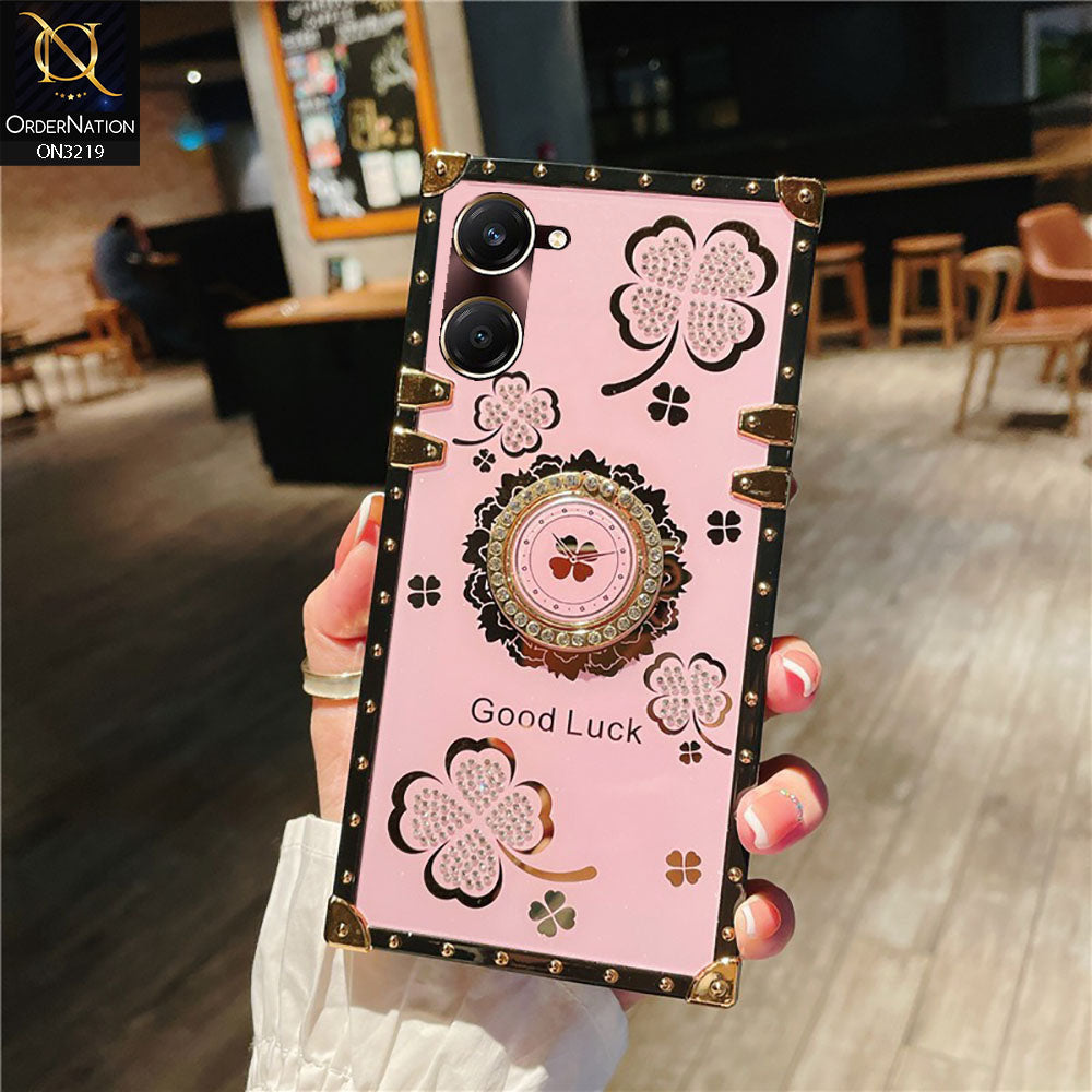 Vivo Y18 Cover - Pink - Square Bling Diamond Glitter Soft TPU Trunk Case with Ring Holder