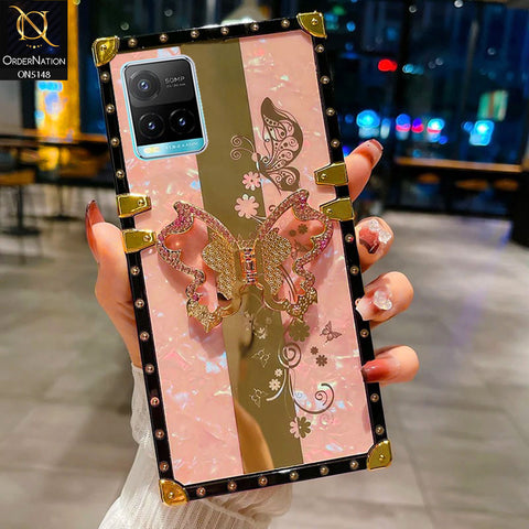 Vivo Y21s Cover - Pink -  Luxury Shiny Rhinestone Butterfly Electroplated Square Trunk Soft Case