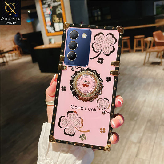 Vivo Y100 4G Cover - Pink - Square Bling Diamond Glitter Soft TPU Trunk Case with Ring Holder