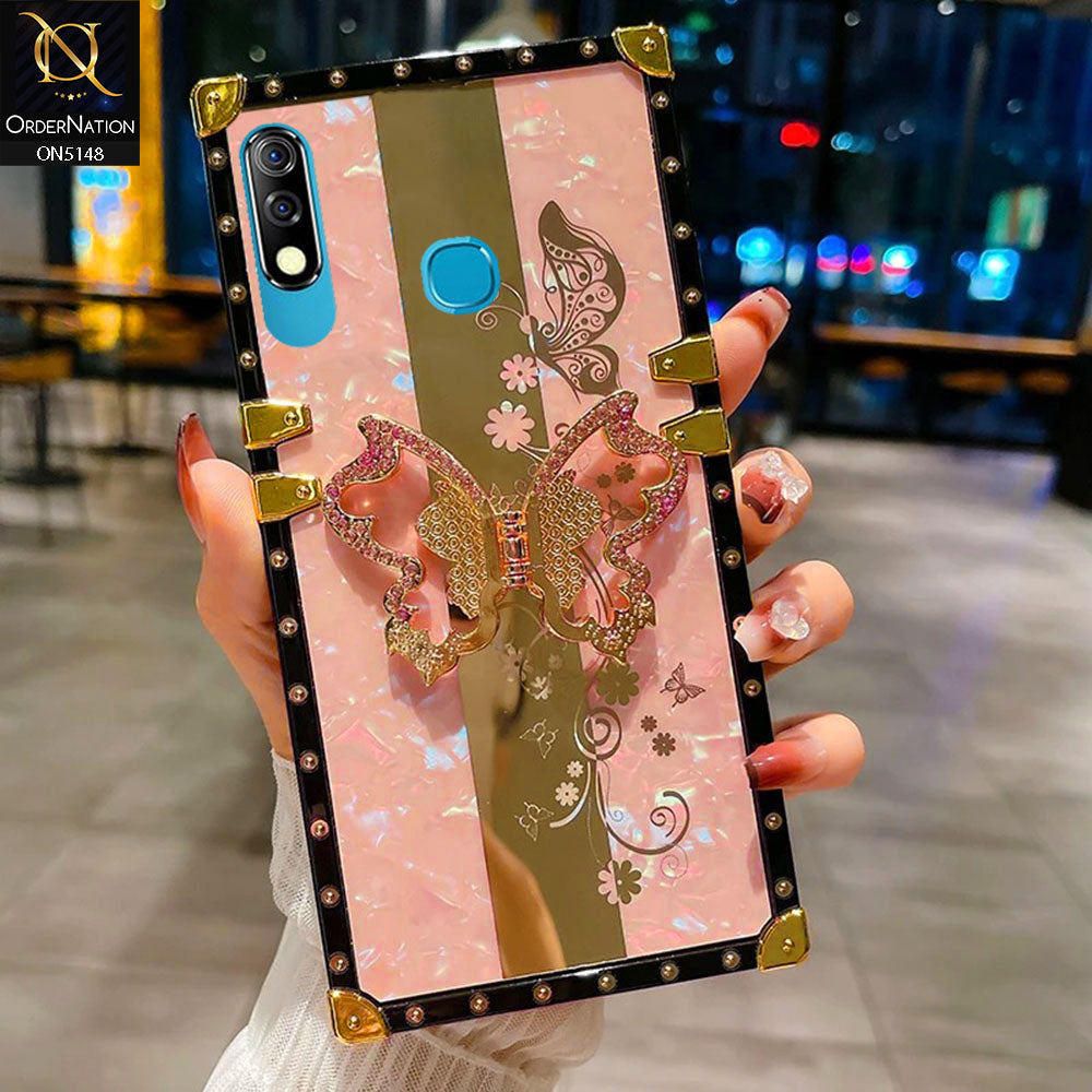 Infinix Hot 8 Lite Cover - Pink -  Luxury Shiny Rhinestone Butterfly Electroplated Square Trunk Soft Case