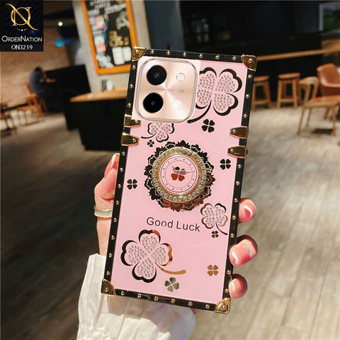 Vivo Y28 4G Cover - Pink - Square Bling Diamond Glitter Soft TPU Trunk Case with Ring Holder