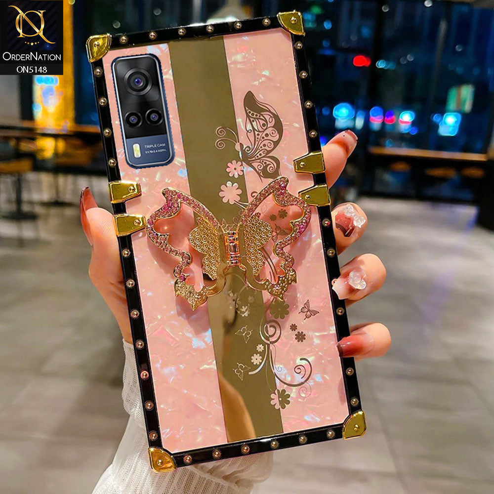 Vivo Y51a   Cover - Pink -  Luxury Shiny Rhinestone Butterfly Electroplated Square Trunk Soft Case