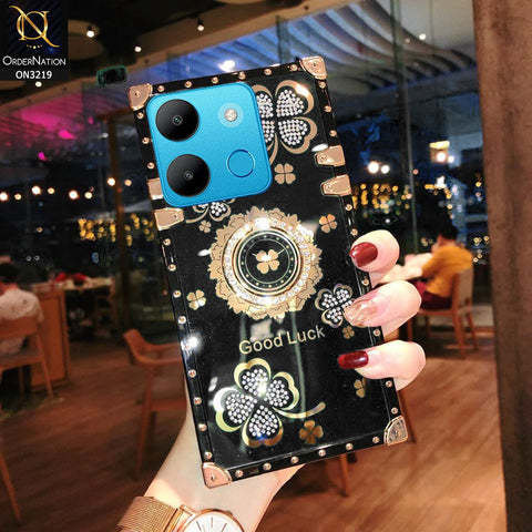 Infinix Smart 7 HD Cover - Black -  Square Bling Diamond Glitter Soft TPU Trunk Case with Ring Holder