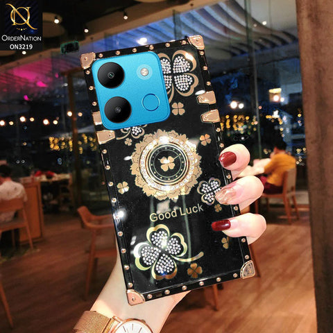 Infinix Smart 7 Plus Cover - Black -  Square Bling Diamond Glitter Soft TPU Trunk Case with Ring Holder