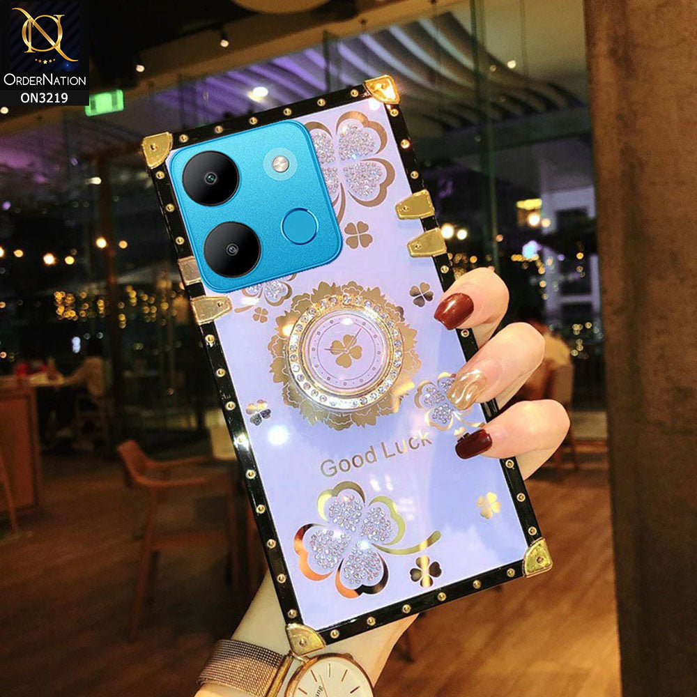 Infinix Smart 7 Plus Cover - Light Purple -  Square Bling Diamond Glitter Soft TPU Trunk Case with Ring Holder