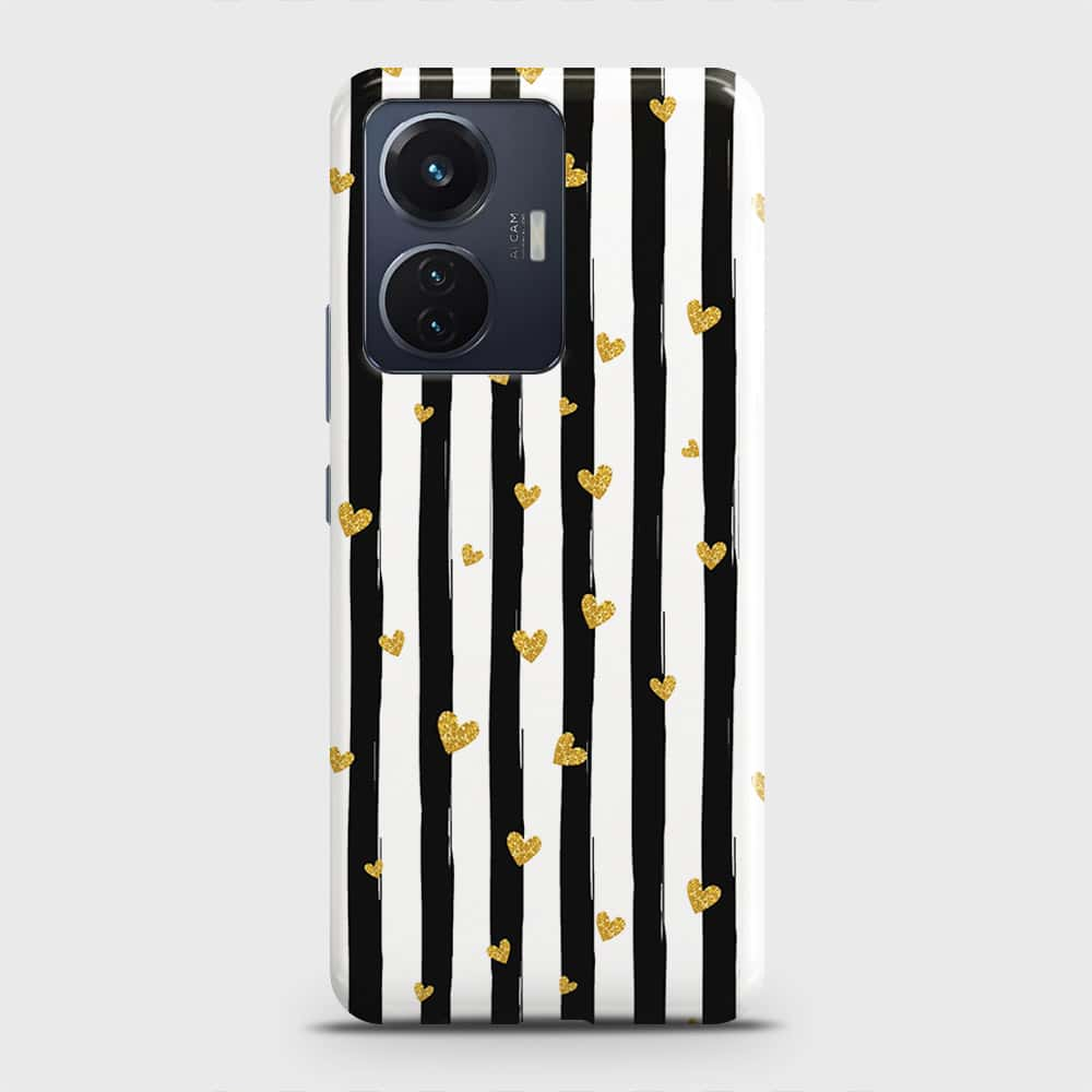 Vivo S15e Cover - Trendy Black & White Lining With Golden Hearts Printed Hard Case with Life Time Colors Guarantee