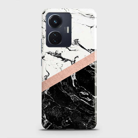 Vivo S15e Cover - Black & White Marble With Chic RoseGold Strip Case with Life Time Colors Guarantee