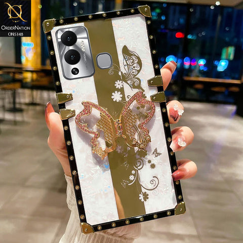 Infinix Hot 12 Play Cover - White -  Luxury Shiny Rhinestone Butterfly Electroplated Square Trunk Soft Case