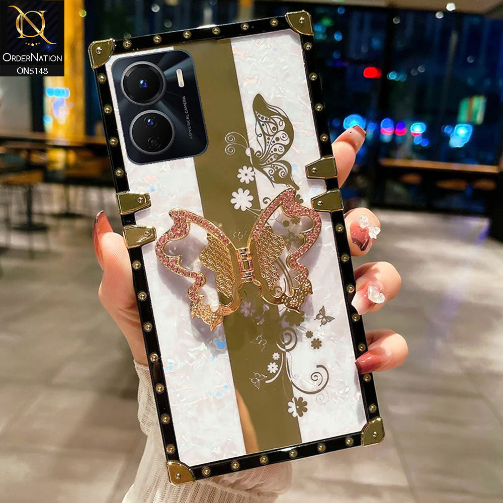 Vivo Y16 Cover - White -  Luxury Shiny Rhinestone Butterfly Electroplated Square Trunk Soft Case