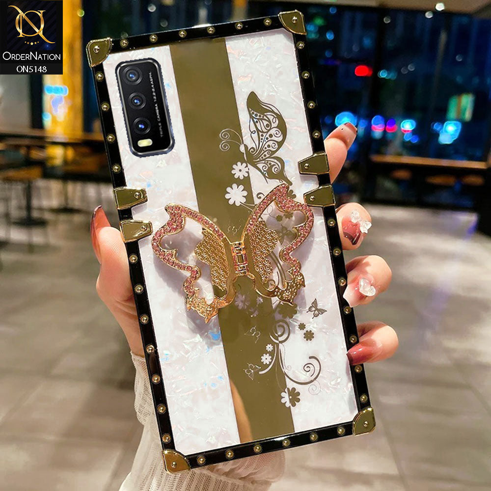 Vivo Y12a Cover - White -  Luxury Shiny Rhinestone Butterfly Electroplated Square Trunk Soft Case