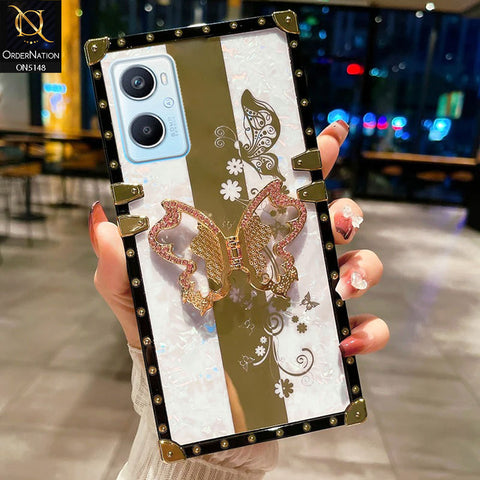 Oppo A96 Cover - White -  Luxury Shiny Rhinestone Butterfly Electroplated Square Trunk Soft Case