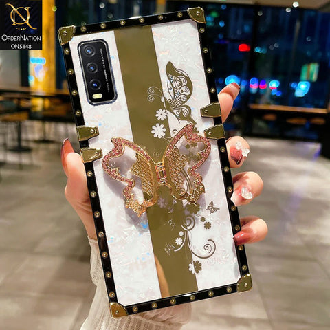 Vivo Y11s Cover - White -  Luxury Shiny Rhinestone Butterfly Electroplated Square Trunk Soft Case