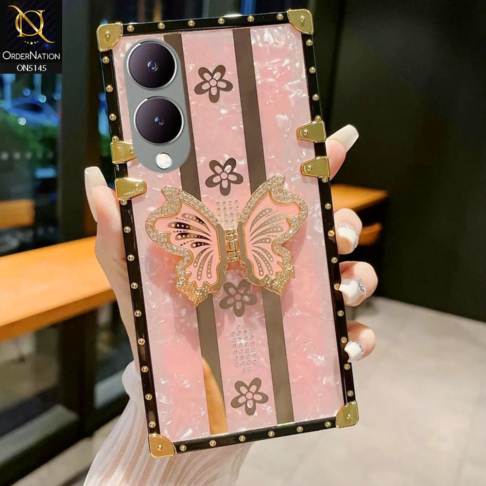 Vivo Y17s - Pink - Luxury Shiny Rhinestone Butterfly Electroplated Square Trunk Soft Case