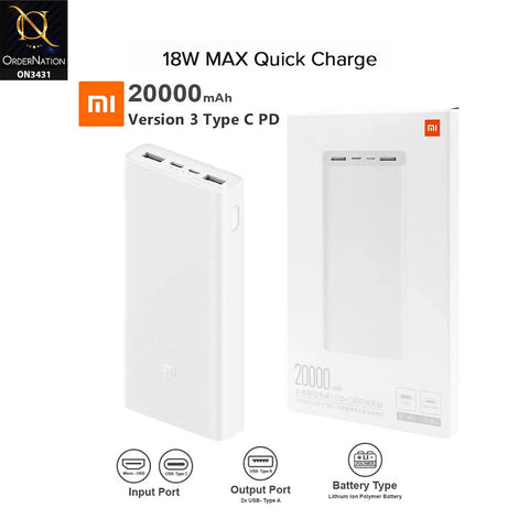 Xiaomi Power Bank 3 PLM18ZM 20000mAh 18W Two-way Quick Charge Type-C Micro Input Power Bank  - White