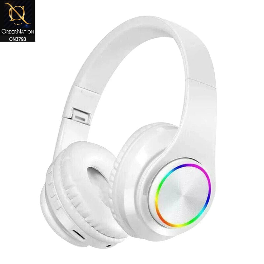 White - B39 Luminous Head-mounted Wireless Bluetooth Headset 5.0 Headphones Heavy Bass Surround Stereo Colorful LED Lights Outdoor Sport