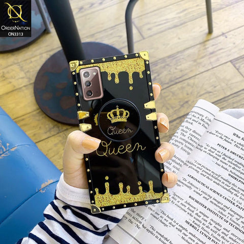 Samsung Galaxy Note 20 Cover - Black - Golden Electroplated Luxury Square Soft TPU Protective Case with Popsocket Holder