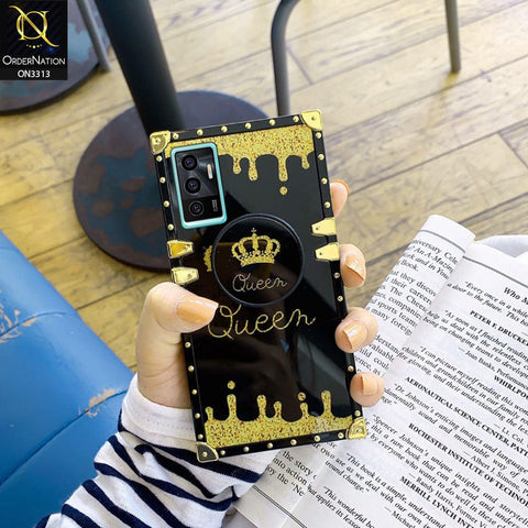 Vivo S10e Cover - Black - Golden Electroplated Luxury Square Soft TPU Protective Case with Holder