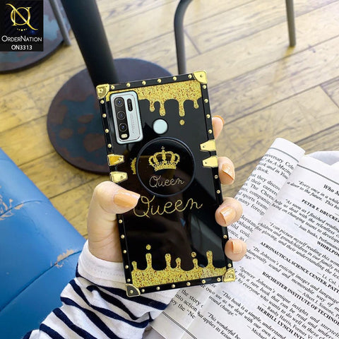 Vivo Y30 Cover - Black - Golden Electroplated Luxury Square Soft TPU Protective Case with Popsocket Holder