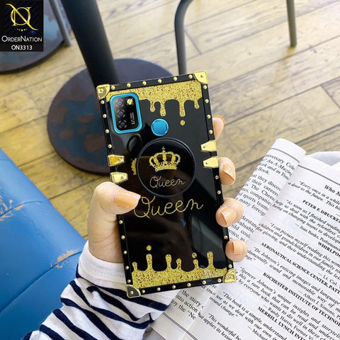 Infinix Smart 5 Cover - Black - Golden Electroplated Luxury Square Soft TPU Protective Case with Holder