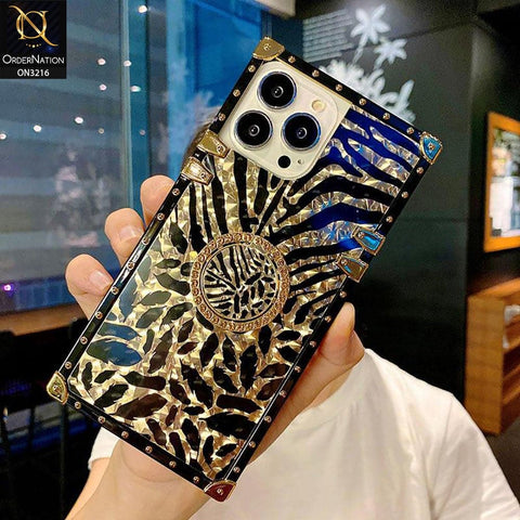 iPhone 12 Pro Cover - Design 2 - Trendy Stripes Pattern Golden Square Case With Matching Bling Ring Holder