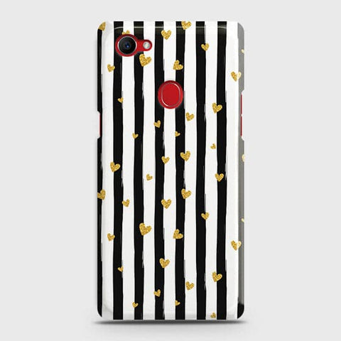 Oppo F7 Youth / Realme 1 Cover - Trendy Black & White Lining With Golden Hearts Printed Hard Case with Life Time Colors Guarantee(1b28)