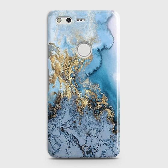 Google Pixel Cover - Trendy Golden & Blue Ocean Marble Printed Hard Case with Life Time Colors Guarantee