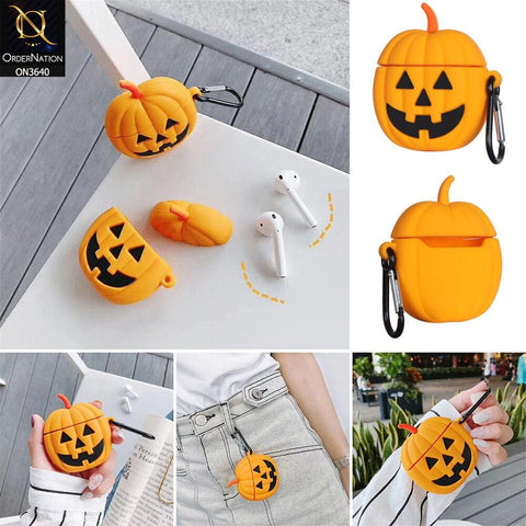 Apple Airpods 1 / 2 Cover - Orange - New Trending 3D Pumpkin Latern Soft Silicone Airpods Case