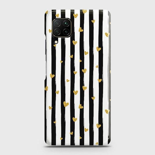 Huawei Nova 7i Cover - Trendy Black & White Lining With Golden Hearts Printed Hard Case with Life Time Colors Guarantee