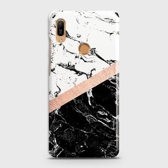 Huawei Y6 2019 Cover - Black & White Marble With Chic RoseGold Strip Case with Life Time Colors Guarantee