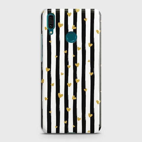 Huawei Y7 2019 Cover - Trendy Black & White Lining With Golden Hearts Printed Hard Case with Life Time Colors Guarantee