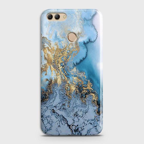 Huawei Y9 2018 Cover - Trendy Golden & Blue Ocean Marble Printed Hard Case with Life Time Colors Guarantee