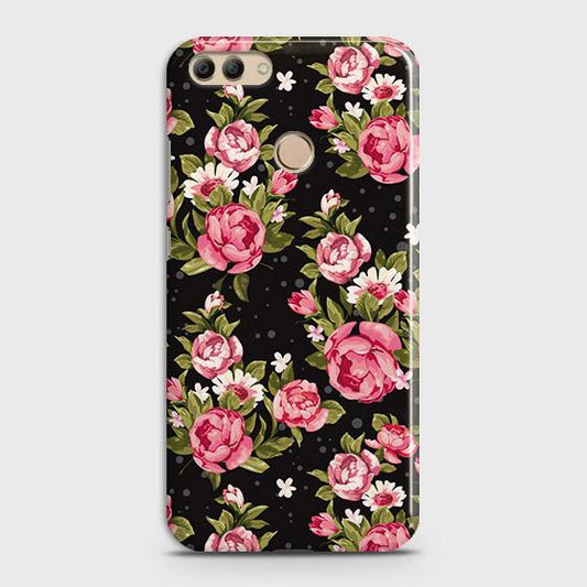 Huawei Y9 2018 Cover - Trendy Pink Rose Vintage Flowers Printed Hard Case with Life Time Colors Guarantee