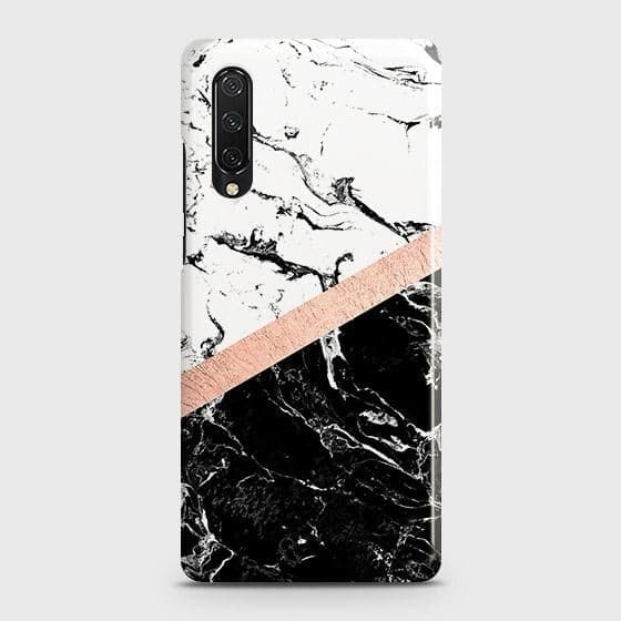 Huawei Y9s Cover - Black & White Marble With Chic RoseGold Strip Case with Life Time Colors Guarantee