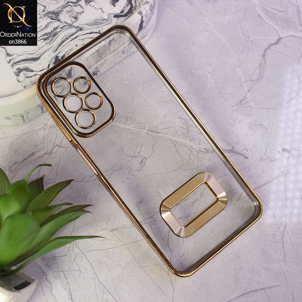 Samsung Galaxy A23 Cover - Golden - Electroplating Borders Chrome Logo Hole Soft Silicone Camera Bumper Case