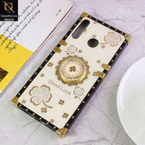 Infinix Hot 8 Cover - Ash White - Square Bling Diamond Glitter Soft TPU Trunk Case with Ring Holder