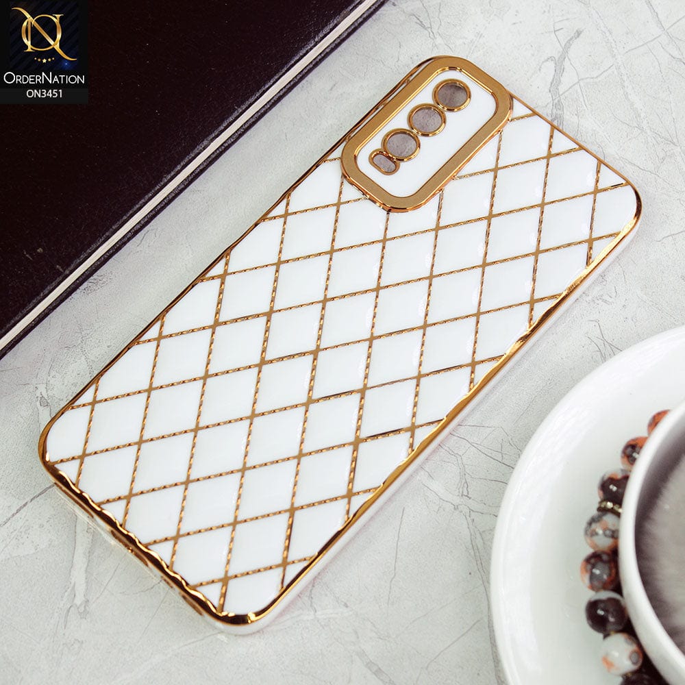 Vivo Y12s Cover - White - Soft TPU Shiny Electroplated Golden Lines Camera Protection Case